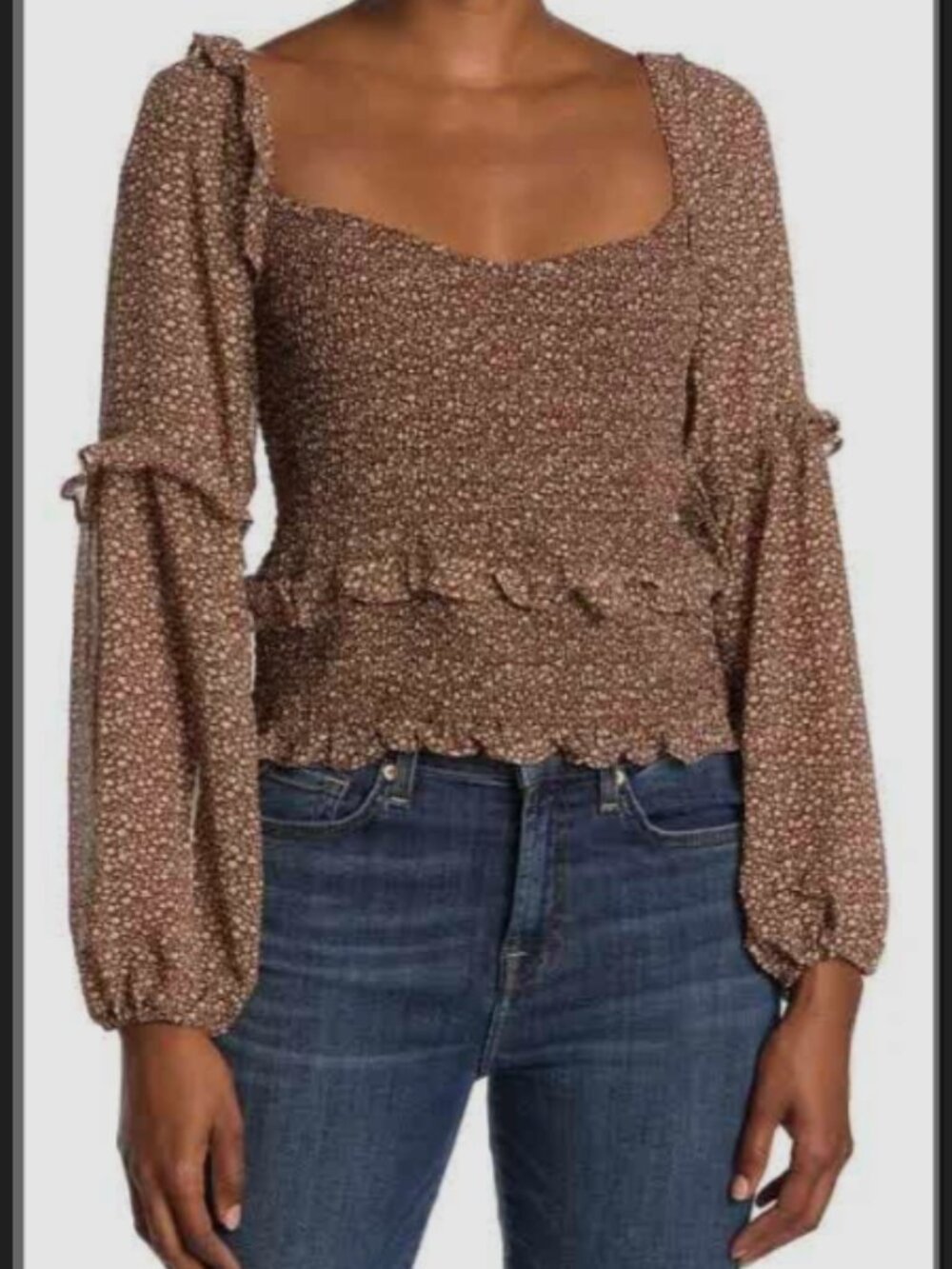 ASTR The Label Brown Floral Smocked Blouse / Size S / Ruffle Crop Peplum Top